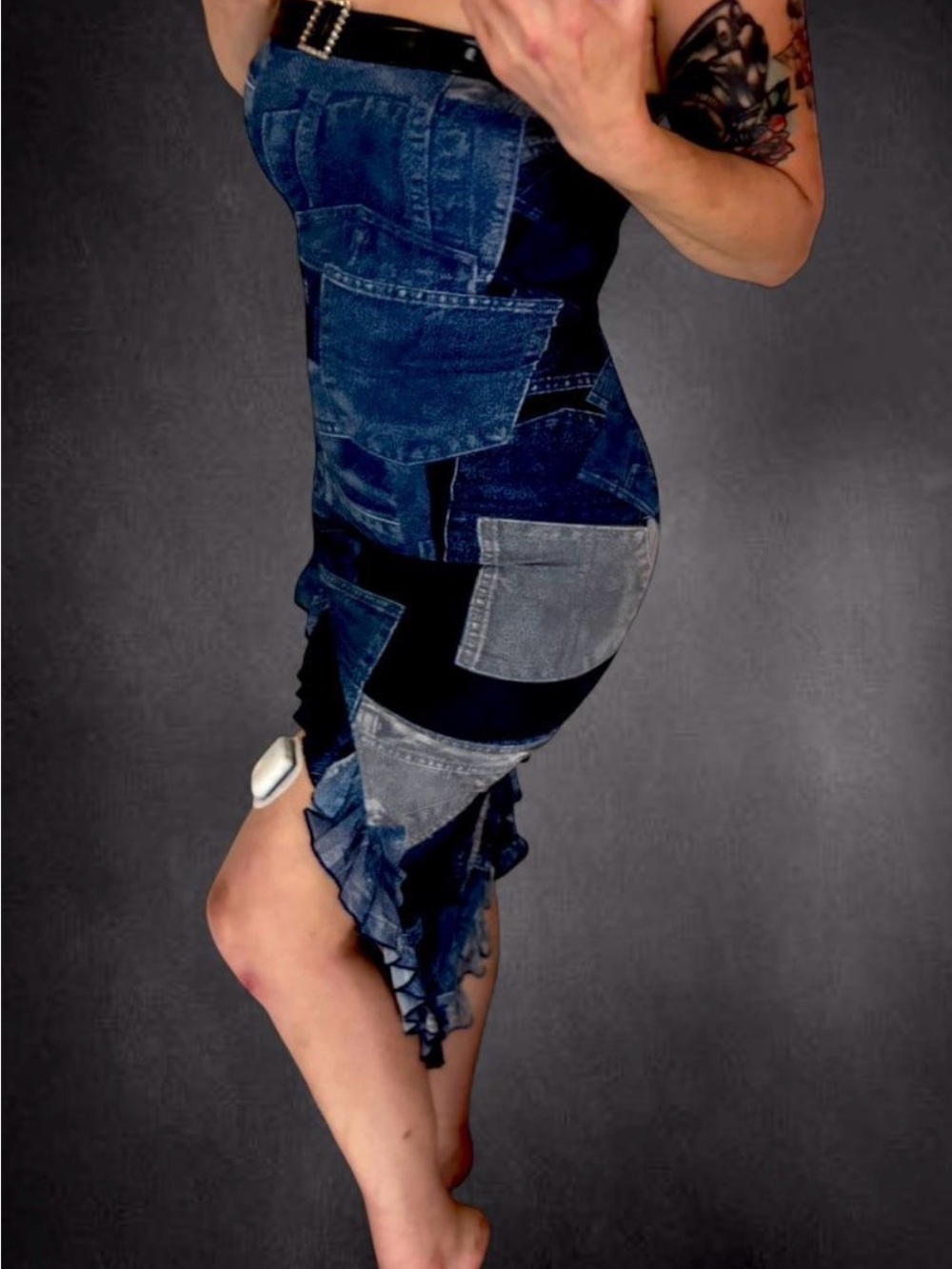 Dollskill Denim Patchwork Strapless Ruffled Hem Dress - Blue